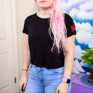 Super Soft Black Crop Top w/ Rose Embroidery